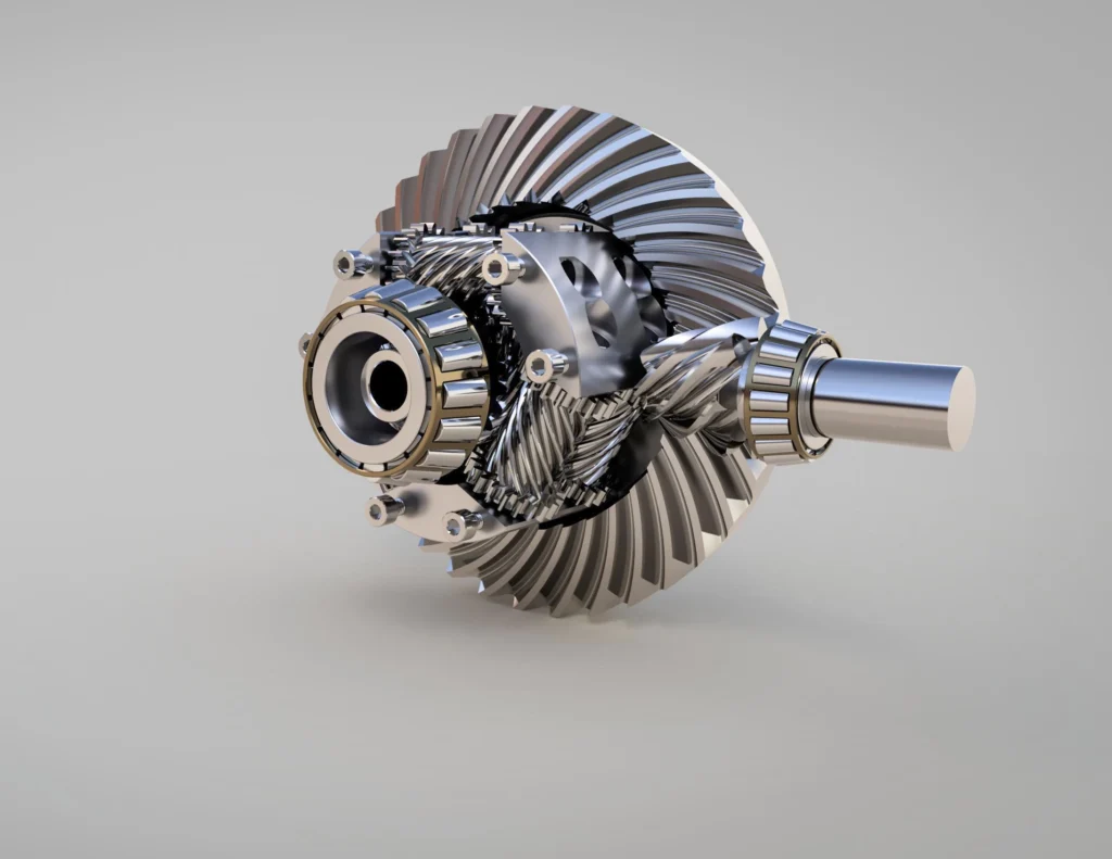 Servicios 2 Render 3D de un conjunto diferencial con corona y piñón helicoidal, sobre fondo neutro